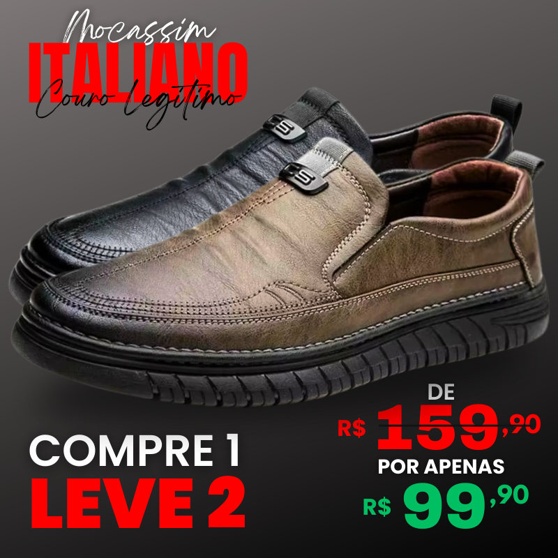 [COMPRE 1 LEVE 2] Mocassim Ortopédico Italiano de Couro Legitimo