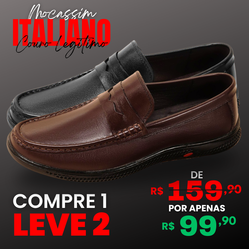 [COMPRE 1 LEVE 2] Mocassim Ortopédico Italiano de Couro Legitimo